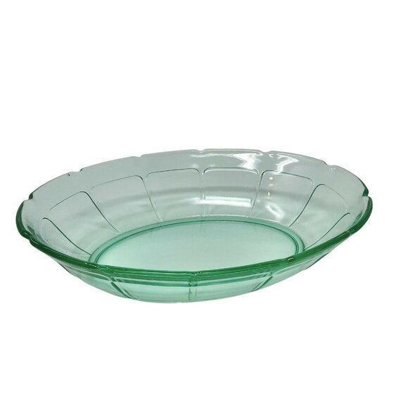 Set of Green Uranium Glass Oval Oblong Serving Dish Bowls (2) Scalloped Edges - Picture 2 of 5
